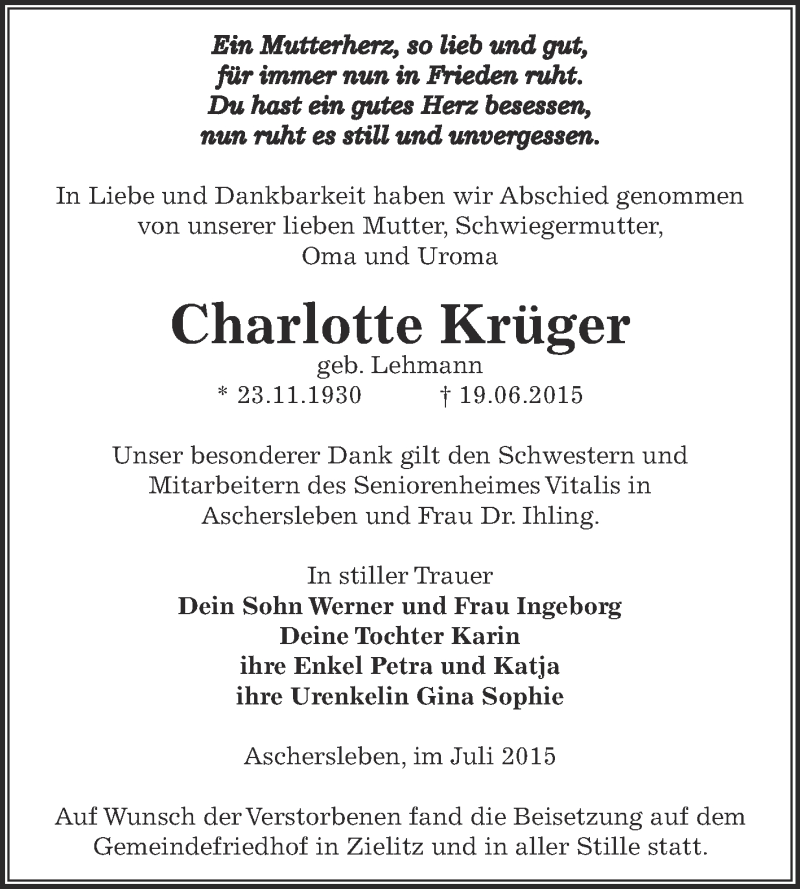  Traueranzeige für Charlotte Krüger vom 25.07.2015 aus Super Sonntag Aschersleben