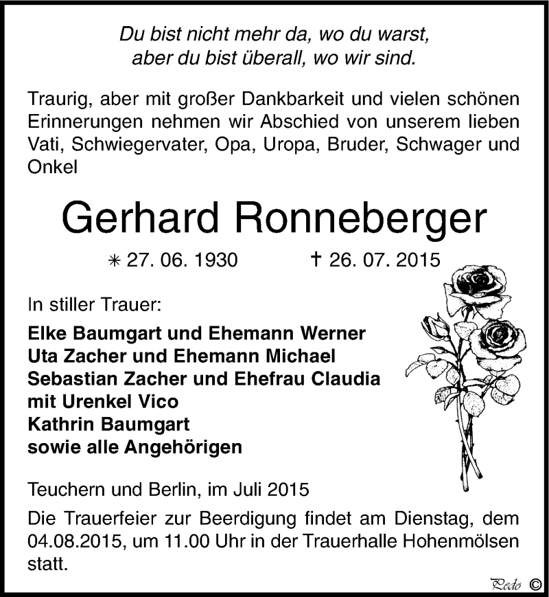  Traueranzeige für Gerhard Ronneberger vom 30.07.2015 aus Mitteldeutsche Zeitung Weißenfels
