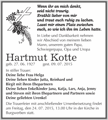 Traueranzeige von Hartmut Kotte von WVG - Wochenspiegel NMB / WSF / ZTZ