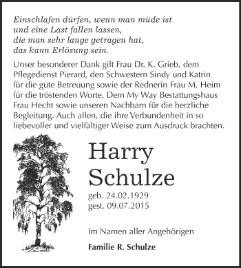 Traueranzeige von Harry Schulze von WVG - Wochenspiegel NMB / WSF / ZTZ