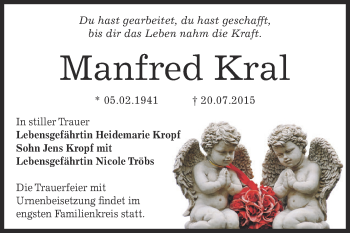Traueranzeige von Manfred Kral von Super Sonntag Bernburg