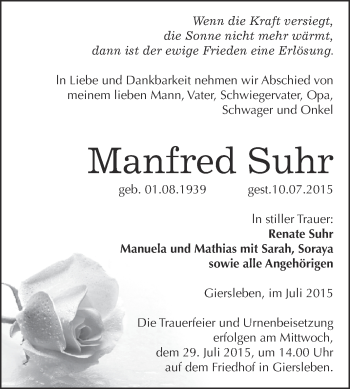 Traueranzeige von Manfred Suhr von Super Sonntag Aschersleben