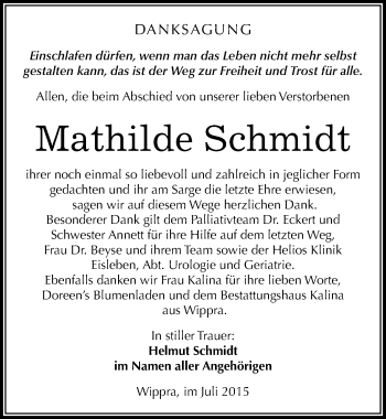 Traueranzeige von Mathilde Schmidt von Mitteldeutsche Zeitung