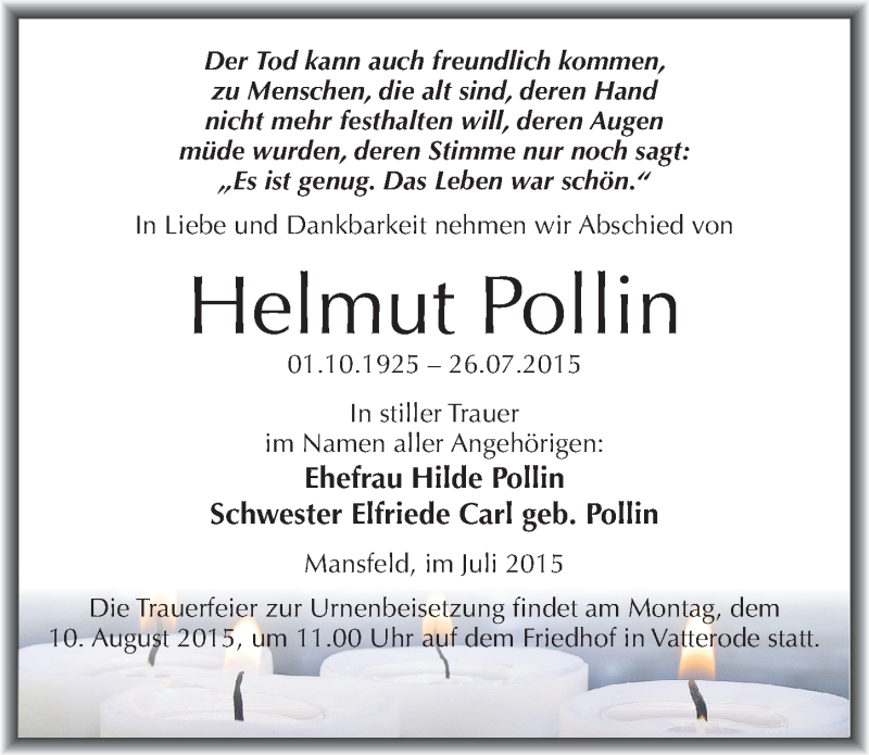  Traueranzeige für Helmut Pollin vom 29.07.2015 aus Mitteldeutsche Zeitung Mansfelder Land