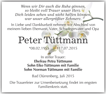 Traueranzeige von Peter Tüttmann von Super Sonntag Merseburg