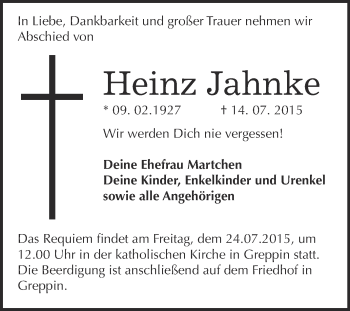 Traueranzeige von Heinz Jahnke von WVG - Wochenspiegel Bitterfeld
