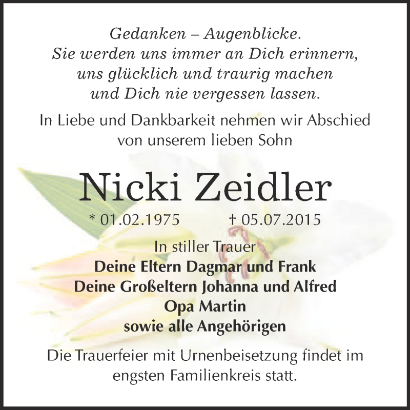  Traueranzeige für Nicki Zeidler vom 15.07.2015 aus WVG - Wochenspiegel Bitterfeld