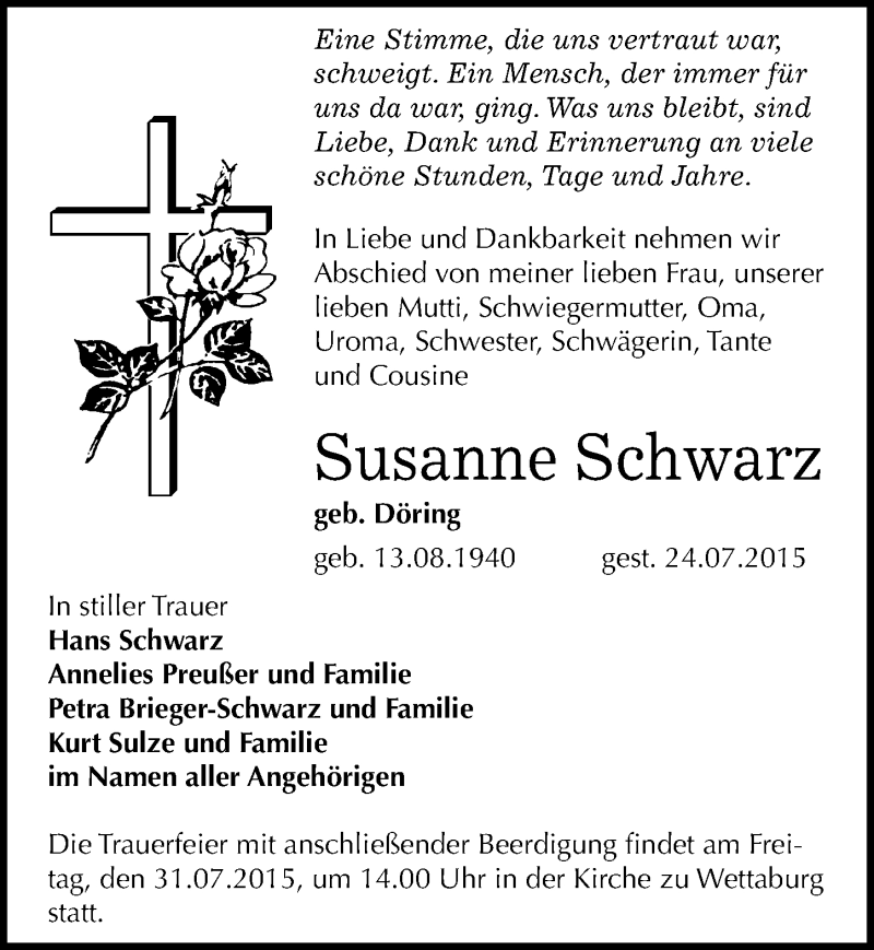  Traueranzeige für Susanne Schwarz vom 28.07.2015 aus Mitteldeutsche Zeitung Naumburg/Nebra