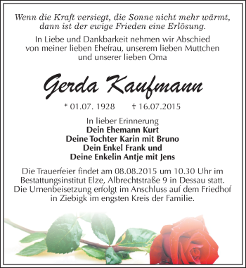 Traueranzeige von Gerda Kaufmann von Mitteldeutsche Zeitung Dessau-Roßlau