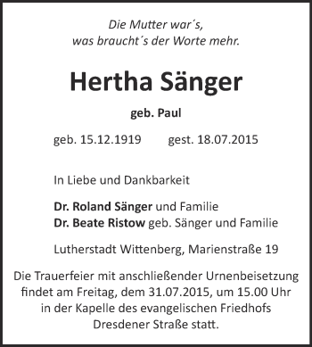 Traueranzeige von Hertha Sänger von Super Sonntag Wittenberg