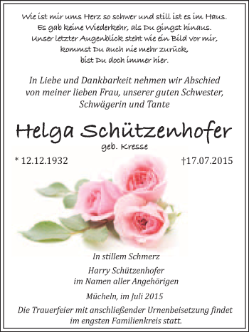 Traueranzeige von Helga Schützenhofer von WVG - Wochenspiegel Merseburg