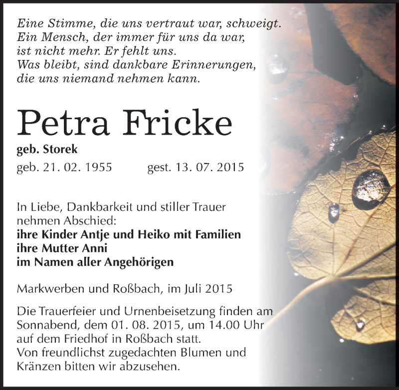  Traueranzeige für Petra Fricke vom 25.07.2015 aus Mitteldeutsche Zeitung Merseburg/Querfurt