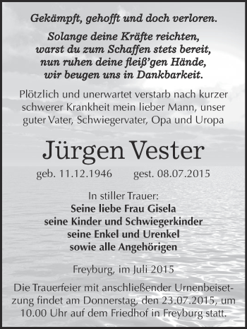 Traueranzeige von Jürgen Vester von WVG - Wochenspiegel NMB / WSF / ZTZ