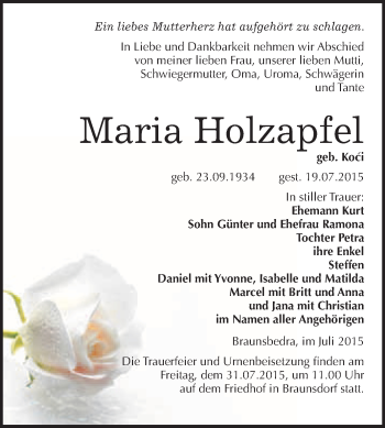 Traueranzeige von Maria Holzapfel von WVG - Wochenspiegel Merseburg