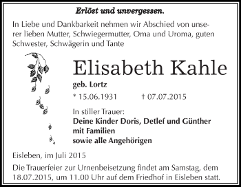 Traueranzeige von Elisabeth Kahle von Wochenspiegel Mansfelder Land