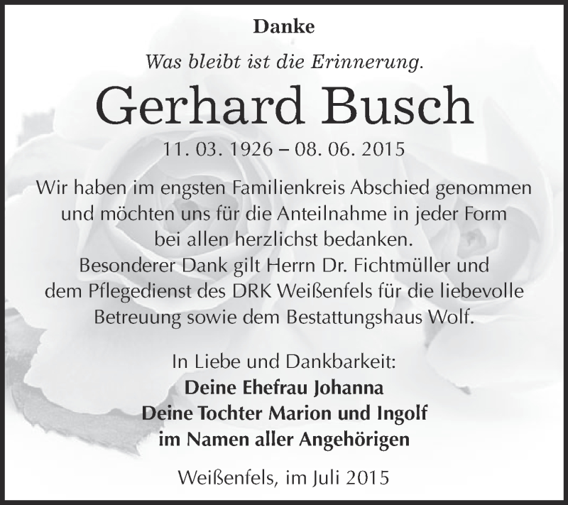  Traueranzeige für Gerhard Busch vom 22.07.2015 aus WVG - Wochenspiegel NMB / WSF / ZTZ