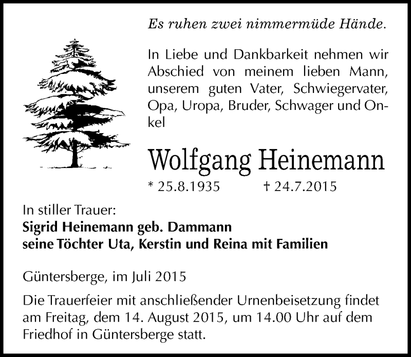  Traueranzeige für Wolfgang Heinemann vom 29.07.2015 aus Mitteldeutsche Zeitung Quedlinburg