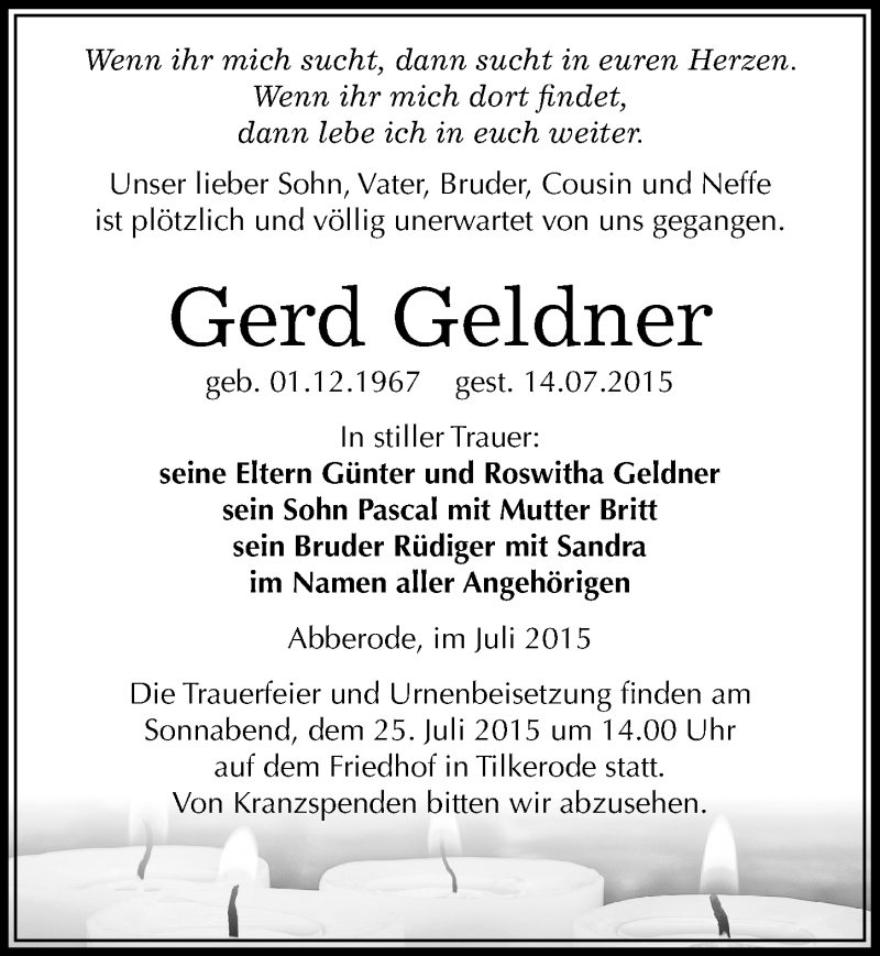  Traueranzeige für Gerd Geldner vom 21.07.2015 aus Mitteldeutsche Zeitung Mansfelder Land