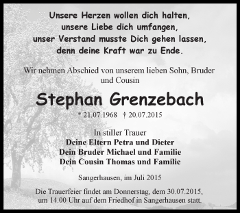 Traueranzeige von Stephan Grenzebach von Super Sonntag SGH Mansf. Land