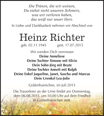 Traueranzeige von Heinz Richter von WVG - Wochenspiegel Wittenberg