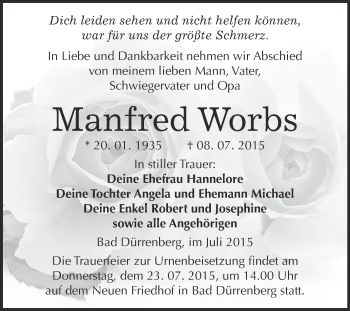 Traueranzeige von Manfred Worbs von Super Sonntag Merseburg