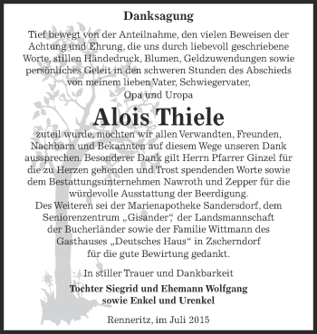 Traueranzeige von Alois Thiele von WVG - Wochenspiegel Bitterfeld