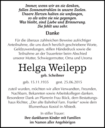 Traueranzeige von Helga Weilepp von Super Sonntag SGH Mansf. Land