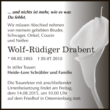 Traueranzeige von Wolf-Rüdiger Drabent von WVG - Wochenspiegel Dessau / Köthen