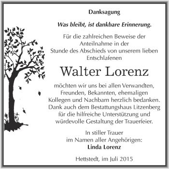 Traueranzeige von Walter Lorenz von Wochenspiegel Mansfelder Land