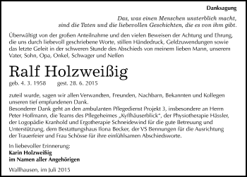 Traueranzeige von Ralf Holzweißig von Mitteldeutsche Zeitung Sangerhausen