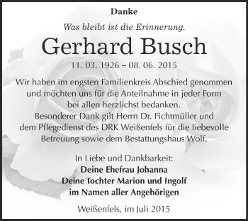 Traueranzeige von Gerhard Busch von WVG - Wochenspiegel NMB / WSF / ZTZ