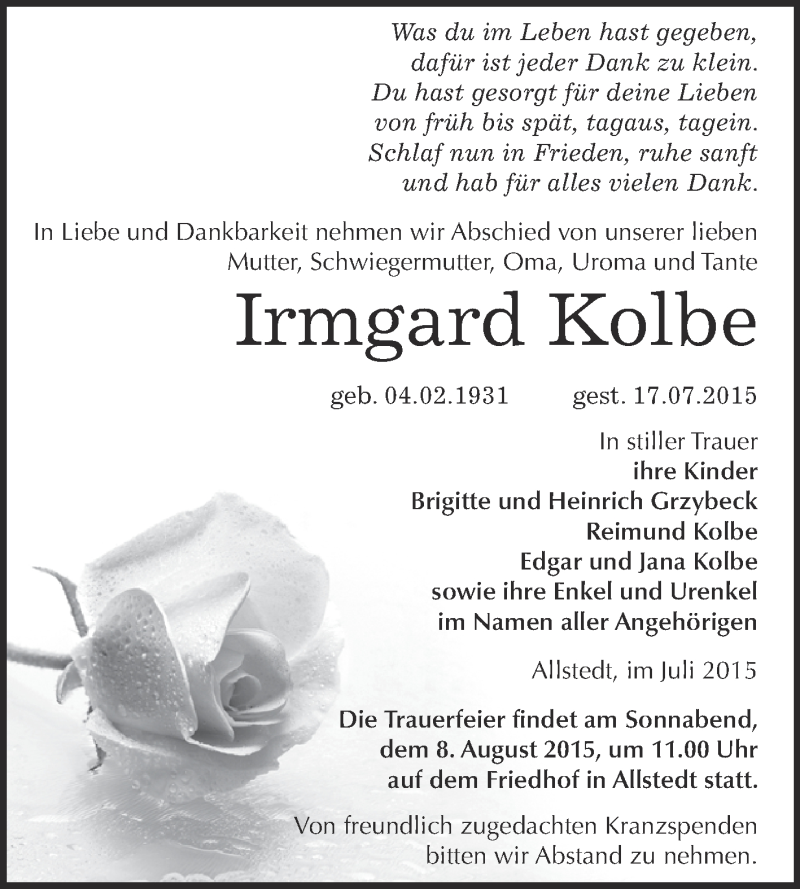  Traueranzeige für Irmgard Kolbe vom 25.07.2015 aus Super Sonntag SGH Mansf. Land