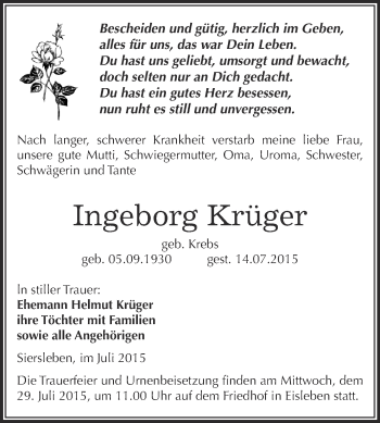 Traueranzeige von Ingeborg Krüger von Wochenspiegel Mansfelder Land