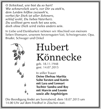 Traueranzeige von Hubert Könnecke von Mitteldeutsche Zeitung Merseburg/Querfurt