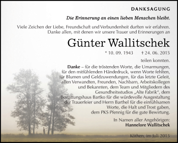 Traueranzeige von Günter Wallitschek von WVG - Wochenspiegel Dessau / Köthen