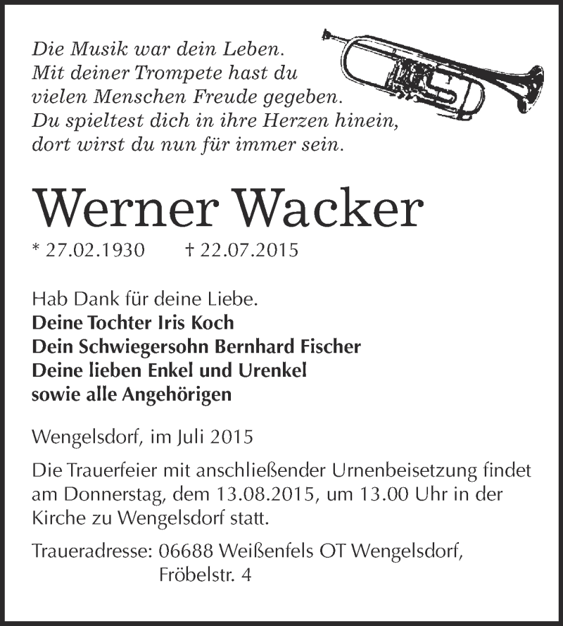  Traueranzeige für Werner Wacker vom 29.07.2015 aus Super Sonntag Merseburg