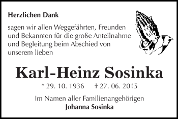 Traueranzeige von Karl-Heinz Sosinka von WVG - Wochenspiegel Dessau / Köthen