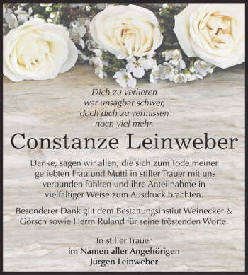 Traueranzeige von Constanze Leinweber von Super Sonntag Bernburg