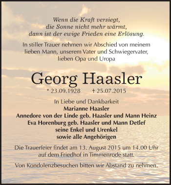 Traueranzeige von Georg Haasler von Mitteldeutsche Zeitung Quedlinburg