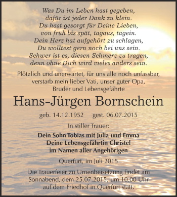 Traueranzeige von Hans-Jürgen Bornschein von WVG - Wochenspiegel NMB / WSF / ZTZ