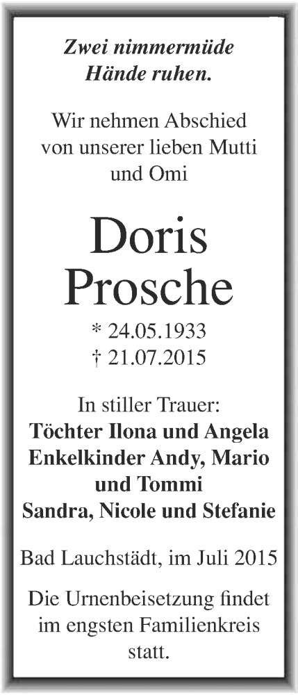  Traueranzeige für Doris Prosche vom 25.07.2015 aus WVG - Wochenspiegel Merseburg
