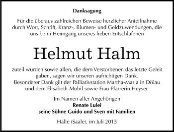 Traueranzeige von Helmut Halm von Mitteldeutsche Zeitung Halle/Saalkreis