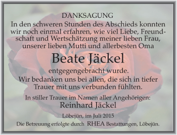 Traueranzeige von Beate Jäckel von Mitteldeutsche Zeitung Halle/Saalkreis