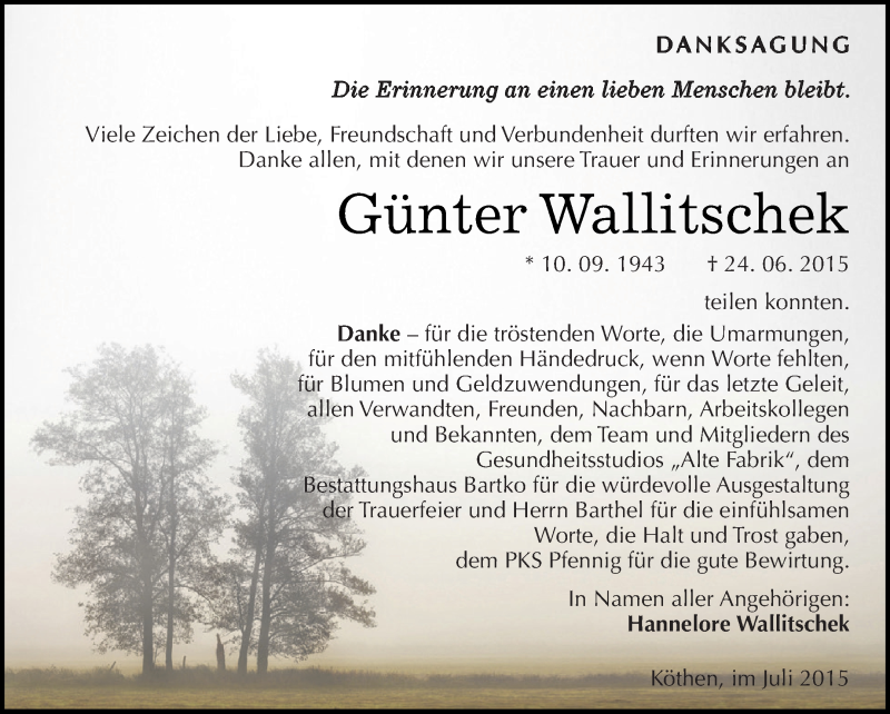  Traueranzeige für Günter Wallitschek vom 25.07.2015 aus WVG - Wochenspiegel Dessau / Köthen