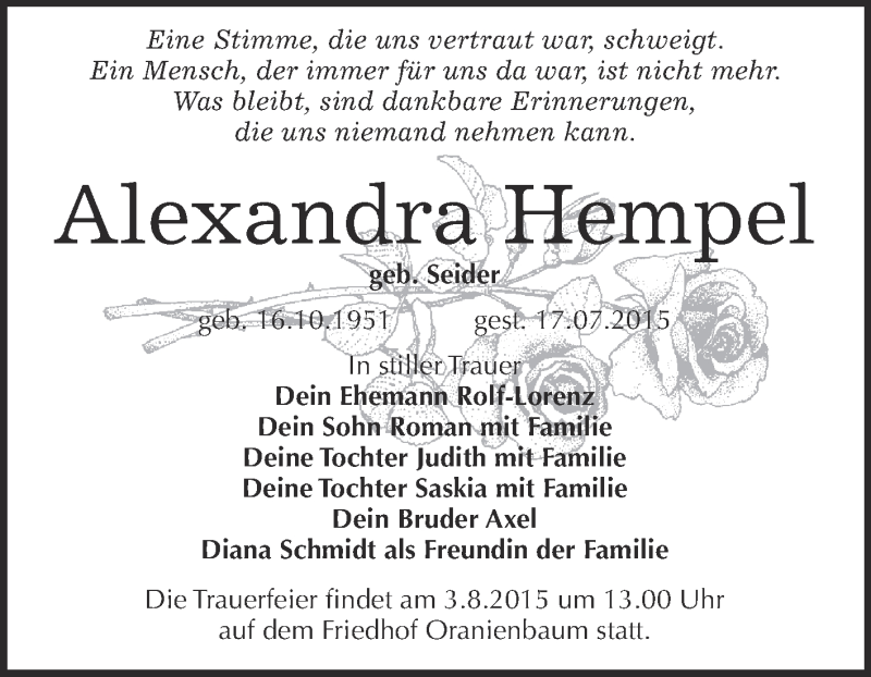  Traueranzeige für Alexandra Hempel vom 25.07.2015 aus Super Sonntag Wittenberg