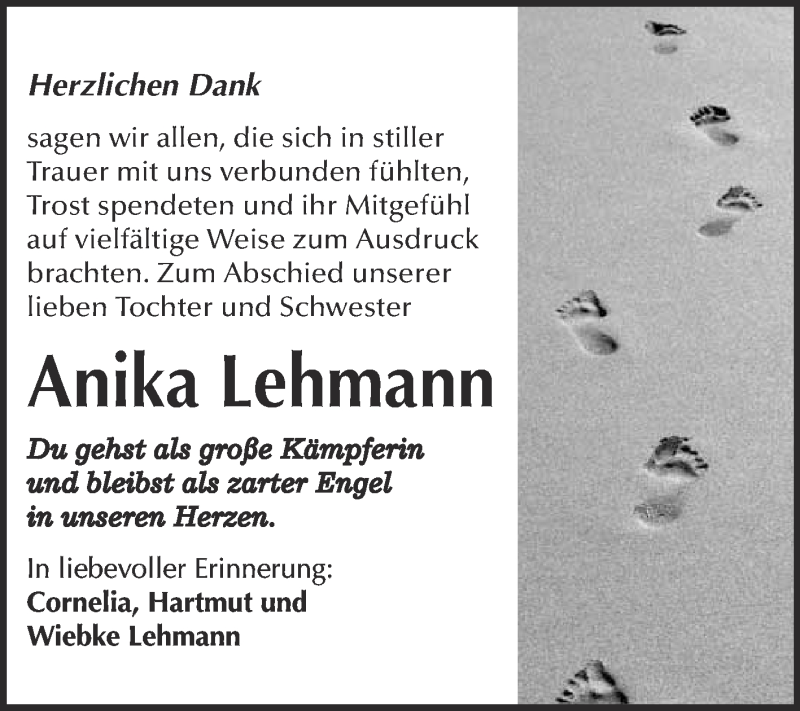  Traueranzeige für Anika Lehmann vom 25.07.2015 aus WVG - Wochenspiegel Wittenberg