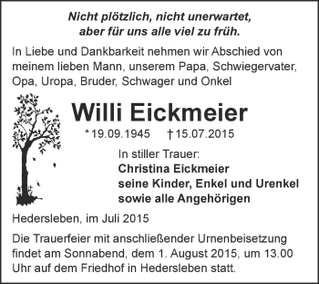 Traueranzeige von Willi Eickmeier von WVG - Wochenspiegel Quedlinburg