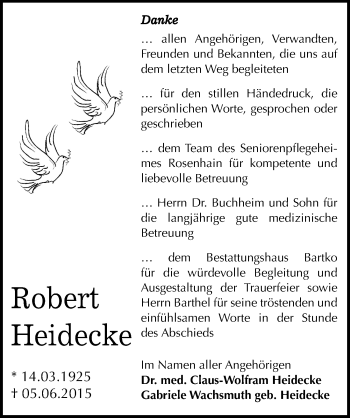 Traueranzeige von Robert Heidecke von Mitteldeutsche Zeitung Köthen