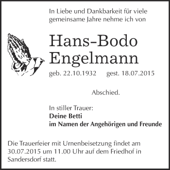 Traueranzeige von Hans-Bodo Engelmann von WVG - Wochenspiegel Bitterfeld