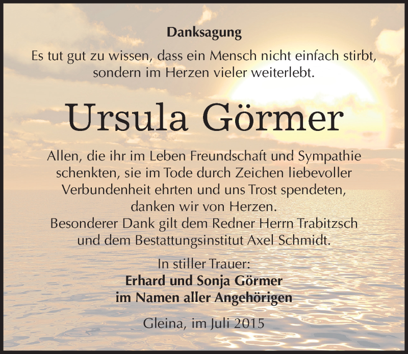  Traueranzeige für Ursula Görmer vom 30.07.2015 aus Mitteldeutsche Zeitung Naumburg/Nebra